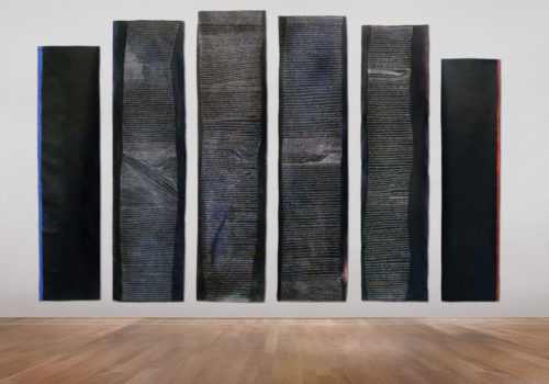 Annette Iggulden, Elegy Echo, 2008 6 pieces: Range from 120cm to 142cm x 30cm to 34cm Installation size variable, minimum 3 metres wall space Acrylic and ink on un-stretched canvas