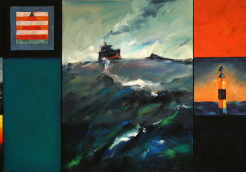 Brian Roberts Leaving Newcastle Harbour, 2009 oil on canvas, 10 panels 122 x 271 cm.