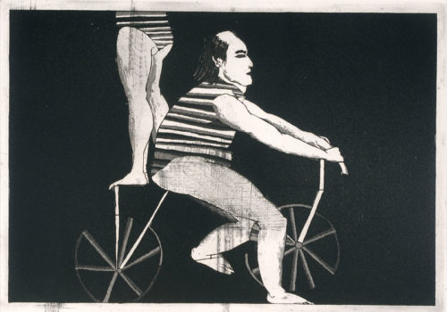 George Baldessin, Performers with bicycles, 1964, etching and aquatint, edition EE1/10, 17 x 25 cm