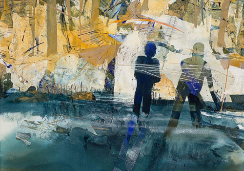 Judith White, Man watching figure with boat I, 2011 Mixed media on canvas 95 X 90cm
