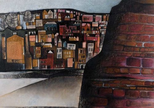 Shay Docking, Fortressed Cliff and City, 1972, pastel and acrylic on hardboard, 77.5 x 94.6 cm, University of Newcastle Art Collection