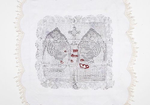 Nicole Barakat, Al Istemraar Al La Moutanahi/the thing that keeps going and has no end/Infinity, 2012, Unpicked embroidered ‘traced linen’ cotton table cloth, carbon drawing, cotton thread 178 x 95 cm image courtesy of the artist photo by Alex Wisser