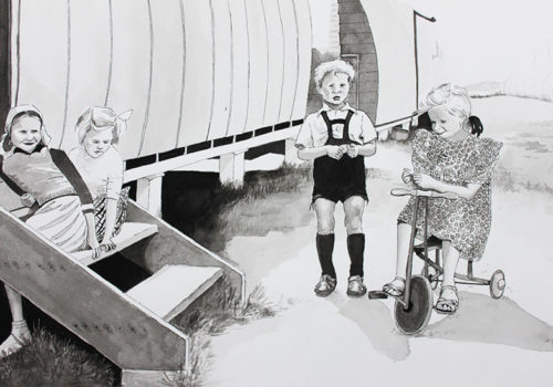 Gail Burrows, children play around steps Greta, ink on paper, 40 x 55cm