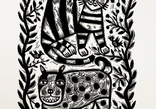 Barbara Hanrahan, Cat and Dog, 1989 Linocut, black ink on ivory Velin Arches paper, 43 x 28 cm, purchased by Maitland Regional Art Gallery, 2012.