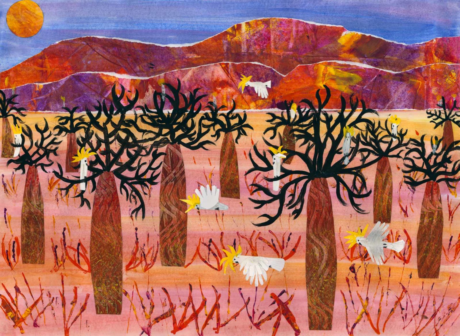 Kevin Cunningham, Nigel Cunningham & Fatima El-Ibrahim, Cockatoos on the Floodplain | Year 5, Chullora Public School, South Western Sydney | The recent bushfires inspired us to look at a variety of artworks depicting Australian landscapes. We loved the colours of the floodplains and we used various paint techniques to create our own.