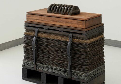 Benjamin Gallagher, Compression of a Trade, 2022, hardwood, lead, welsh slate, wool underlay, copper, bitumen, steel, oregon, leather, salvaged iron casting and hand forged clouts, 52 x 26.5 x 54 cm, photo: Alex McIntyre Photography