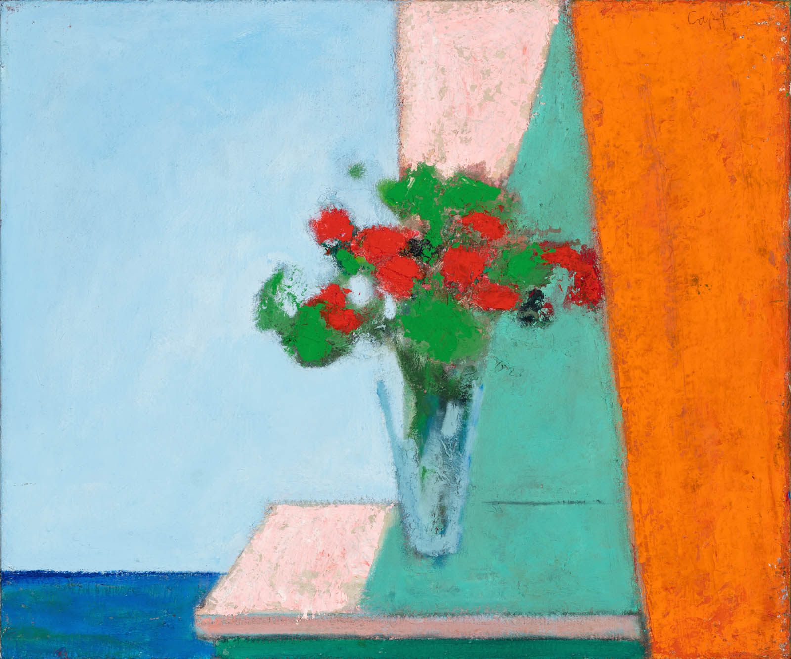 Chris Capper, Geraniums and Shadow (detail), 2024, oil on canvas, 51 x 61cm