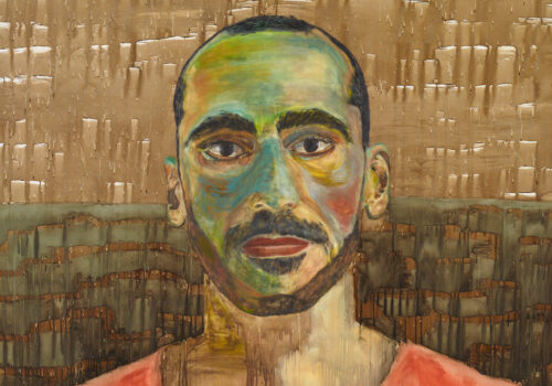 Mostafa Azimitabar, KNS088 (self-portrait), (detail) 2022, coffee and acrylic on canvas, 190.5 x 191.8 cm