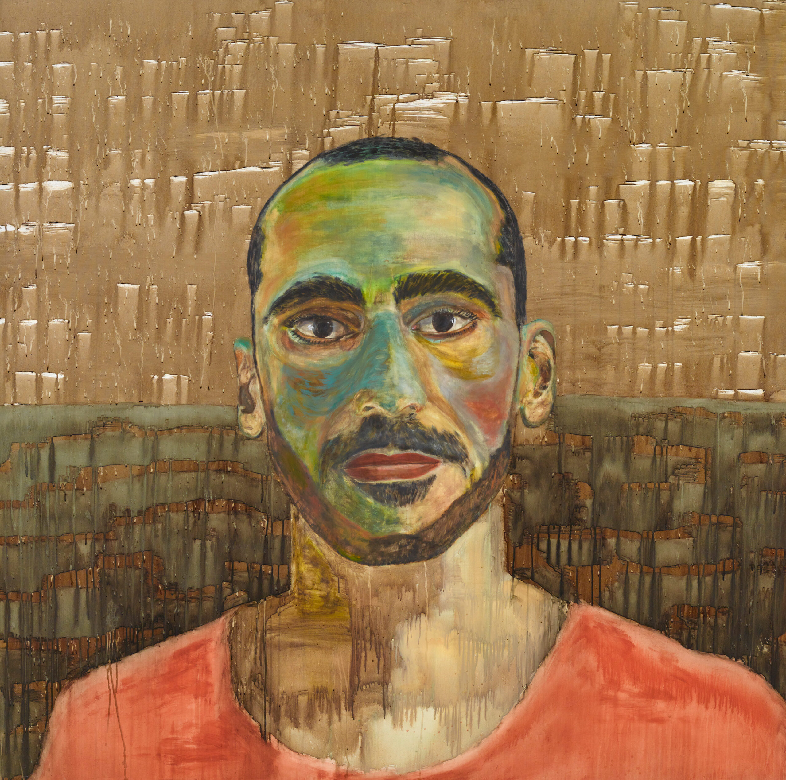 Mostafa Azimitabar, KNS088 (self-portrait), (detail) 2022, coffee and acrylic on canvas, 190.5 x 191.8 cm